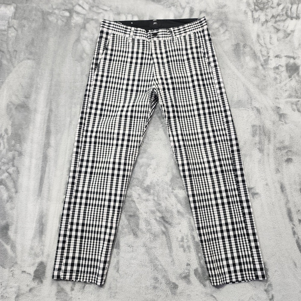 Obey Pants Mens 30 Black White Check Plaid Straggler Chino Casual Tapered Preppy